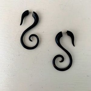 Black, tribal, natural wooden, S shaped earrings.